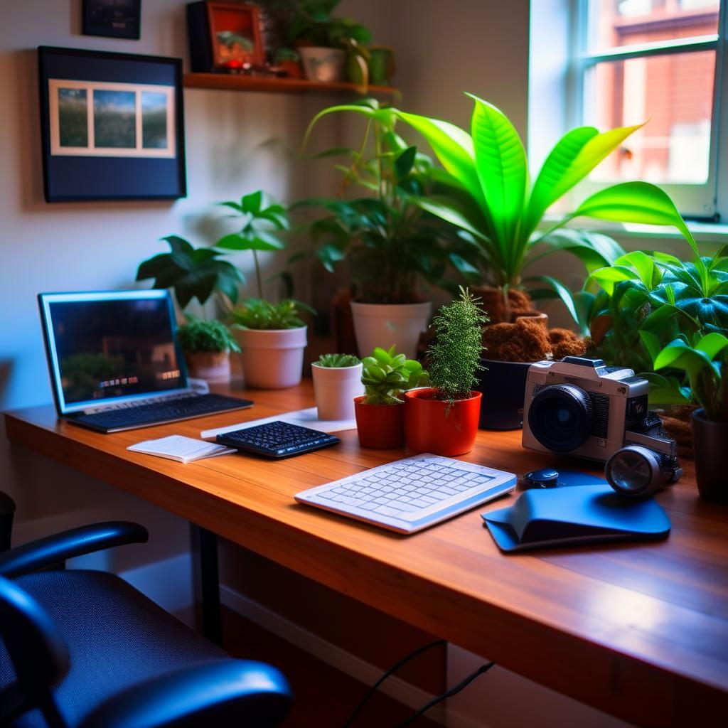 фиалка и горшок с папоротником на рабочем столе в офисе, секреты озеленения