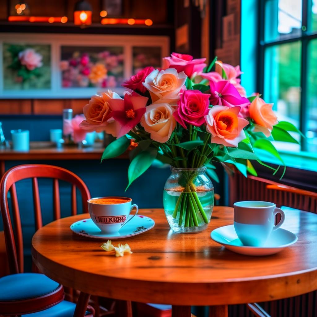 Озеленение ресторана, кафе, розы цветы на столе