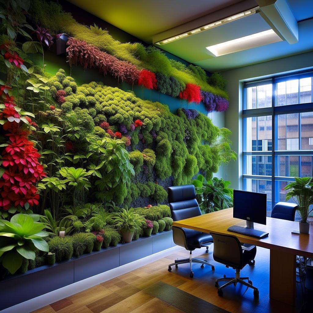 вертикальное озеленение, например, подвесные горшки или вертикальные сады в офисе